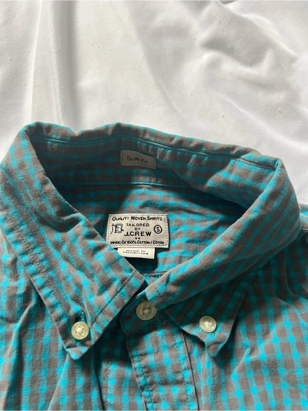 J. Crew Men’s Teal and Blue Checked Button-Down Shirt